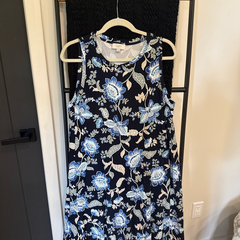 LOFT Women's Floral Dress Blue and Cream